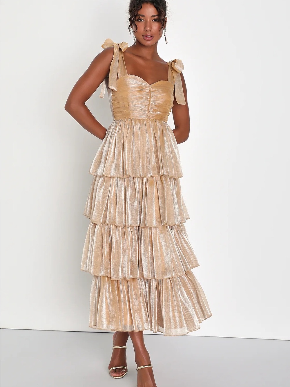 Lulus Radiant Arrival Shiny Gold Organza Tiered Tie-Strap Maxi Dress
